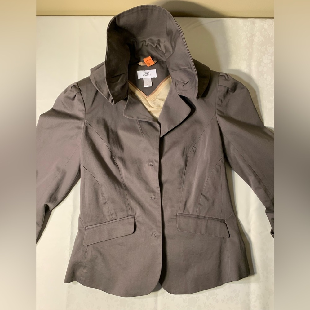 EUC Shirt/Blazer: Acetate, Funky Collar, Greenish Gray, 2/3-Sleeve, Ruffle - Picture 5 of 12